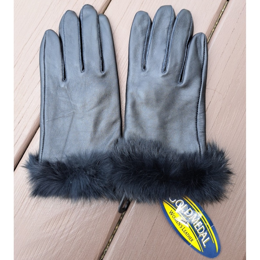 NWT Gold Medal Women's Leather Black Geniune Rabbit Fur Cuff Gloves Size L-XL